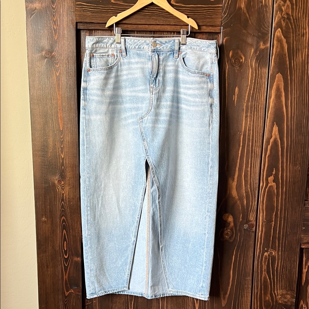 AE dreamy drape low rise denim maxi skirt
